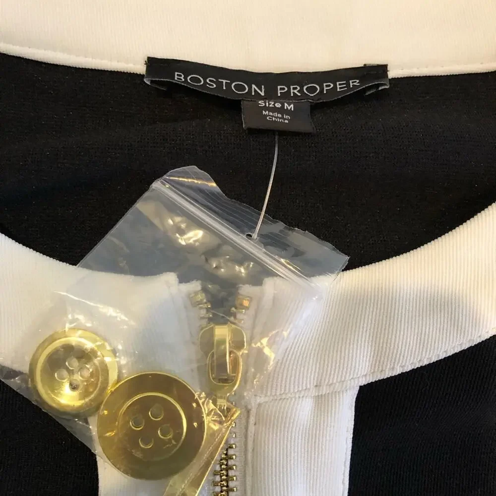 Boston Proper black white trim zip front blazer jacket size Medium NWOT